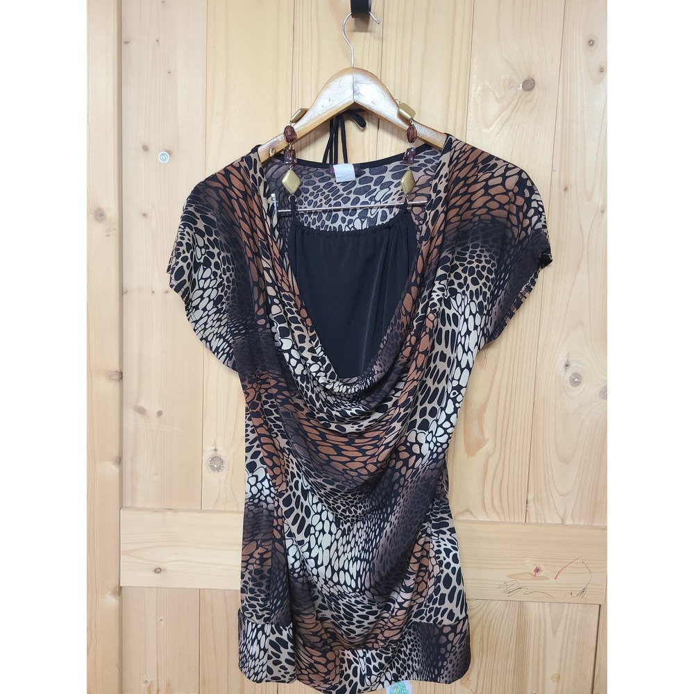 Agenda Cowl Neck Top Women L Brown Animal Print Y2K Layered Hardware Accents